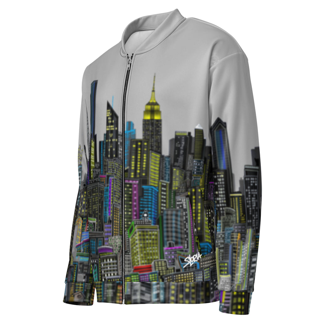 Side angle view of Jacket with a cityscape design by Loria NYC Art on the back against a white background