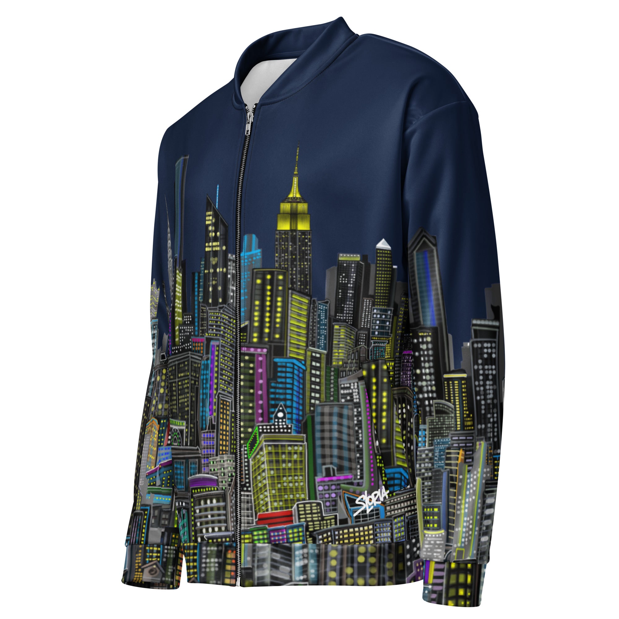 Navy blue hoodie with a colorful cityscape  Loria NYC Art design on a white background