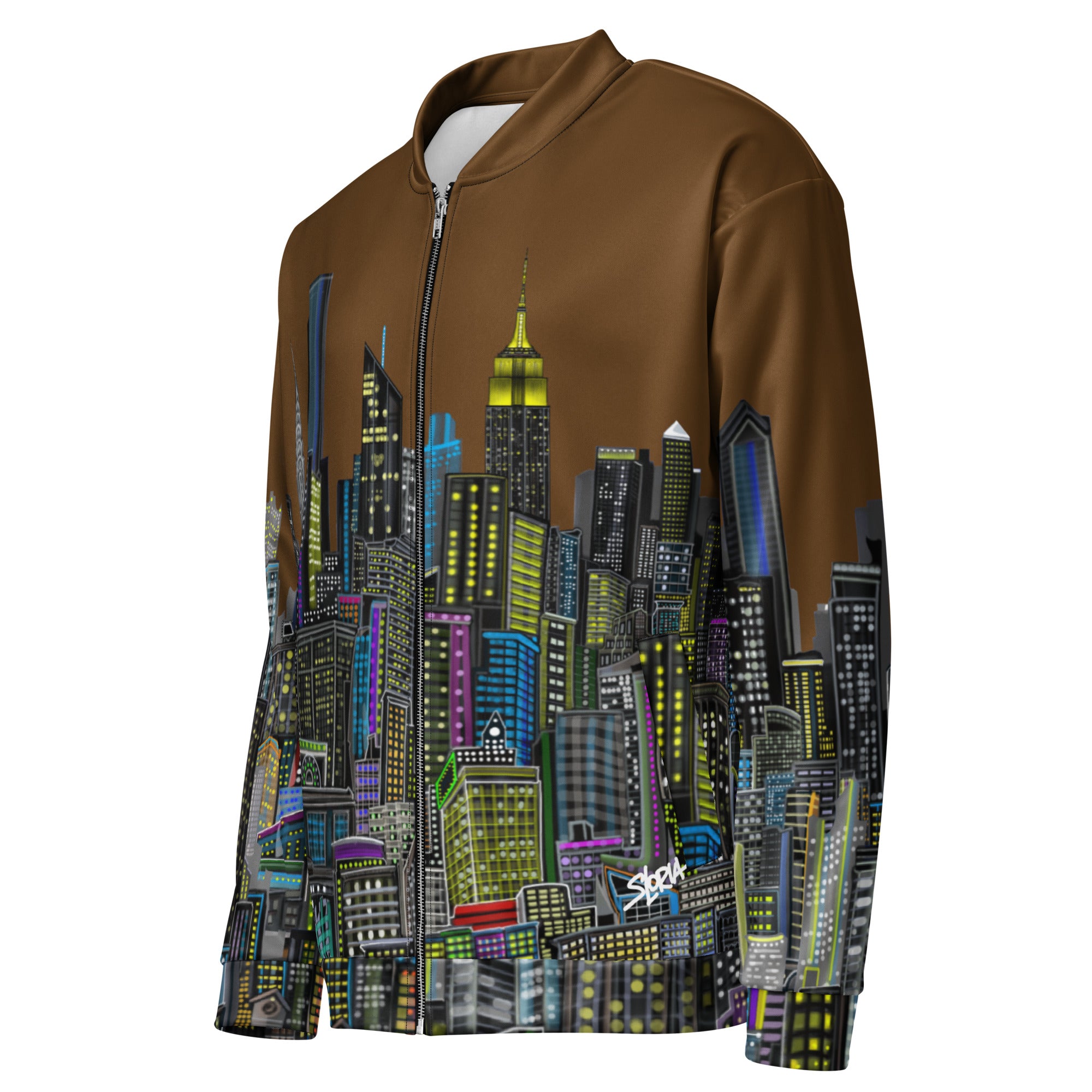 Side view of jacket with colorful cityscape design created by Loria NYC Art on a white background