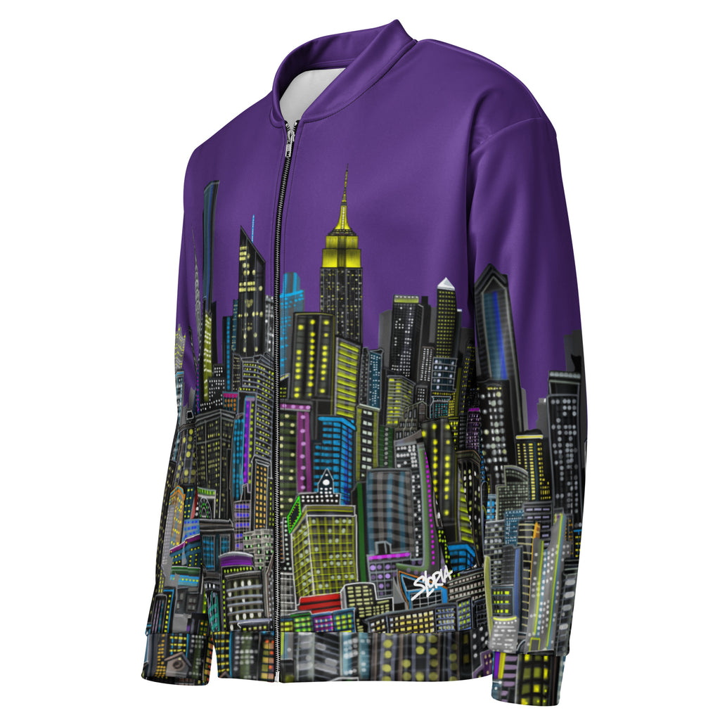 Side of Purple jacket with a cityscape design by Loria NYC Art on a white background