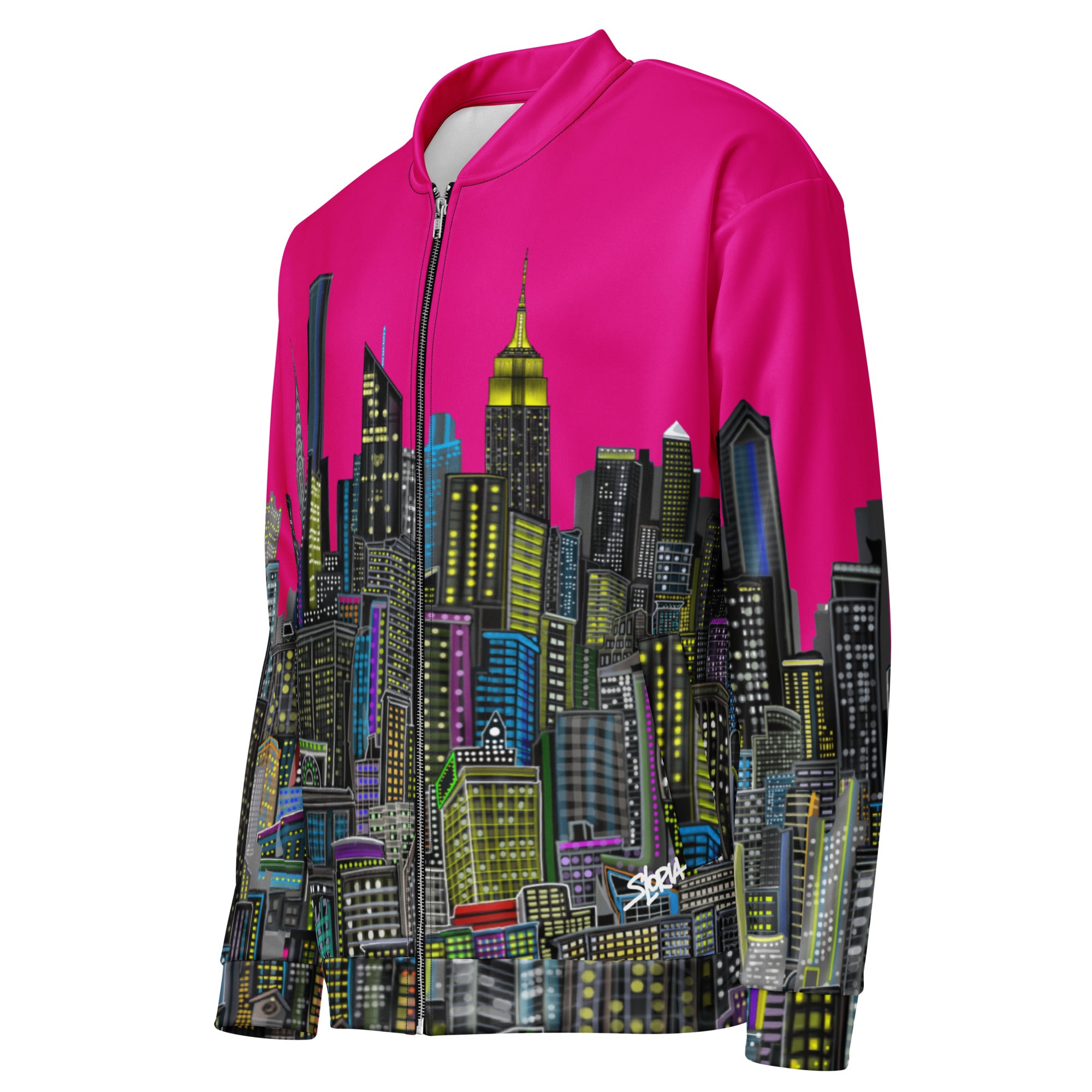 Side angle view of Hot Pink  jacket with a cityscape design by Loria NYC Art on a white background