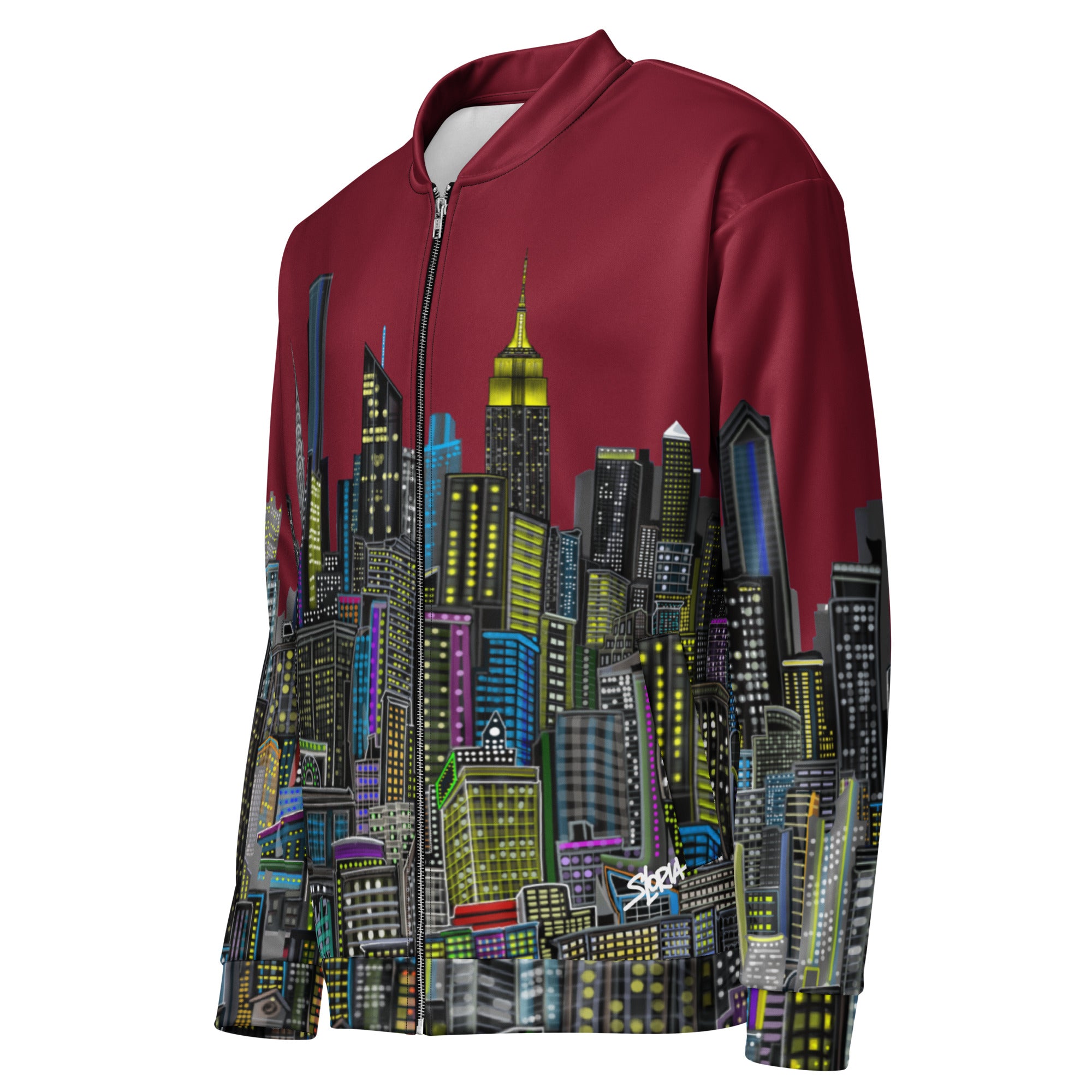 Side image view of Maroon jacket with a colorful cityscape design by Loria NYC Art on a white background