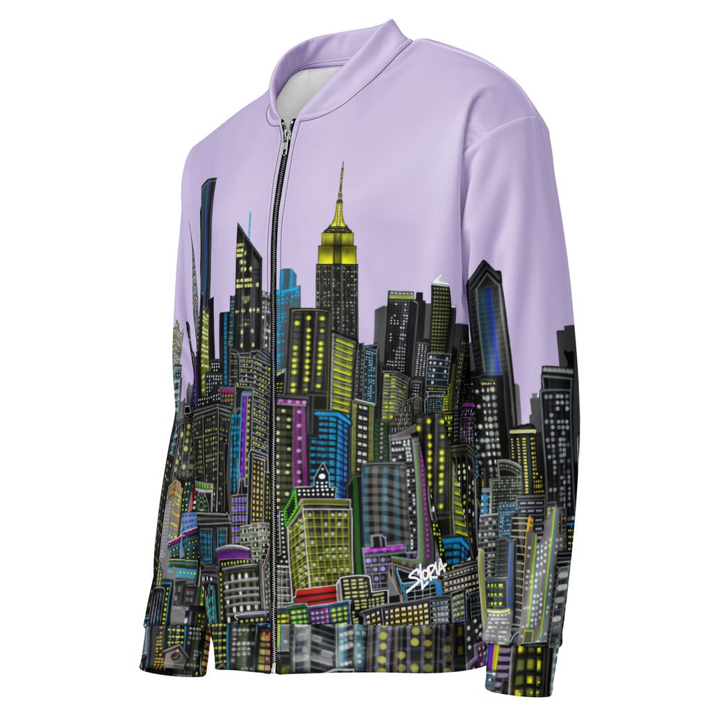 Angle view of Light lavender bomber jacket designed by Loria NYC Art with cityscape design on a white background