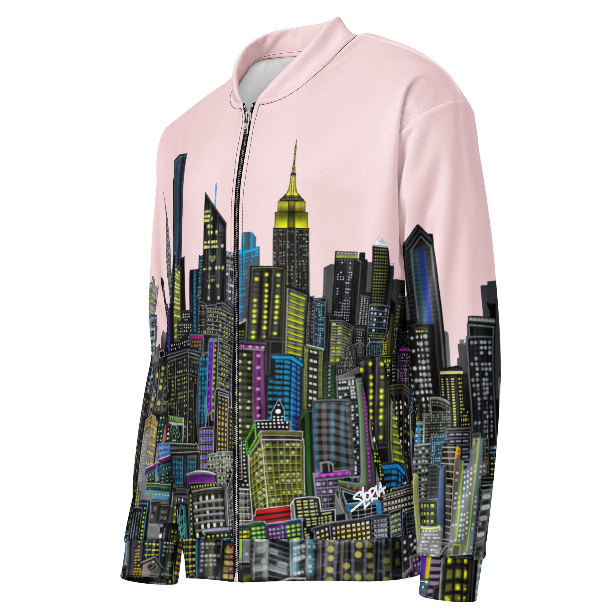 Side view of Pink jacket with a colorful cityscape design by Loria NYC Art on a white background