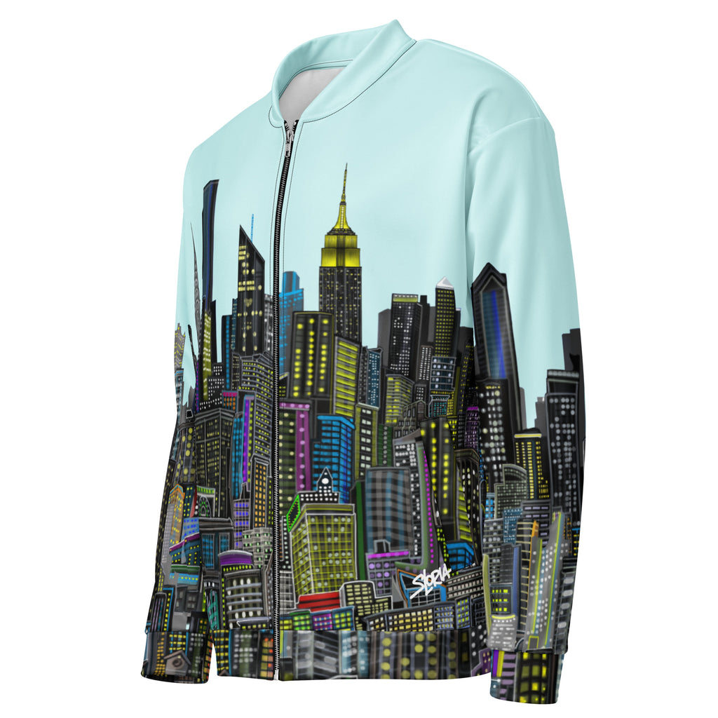 Side of a blue cyan jacket with a colorful city skyline designed by Loria NYC Art