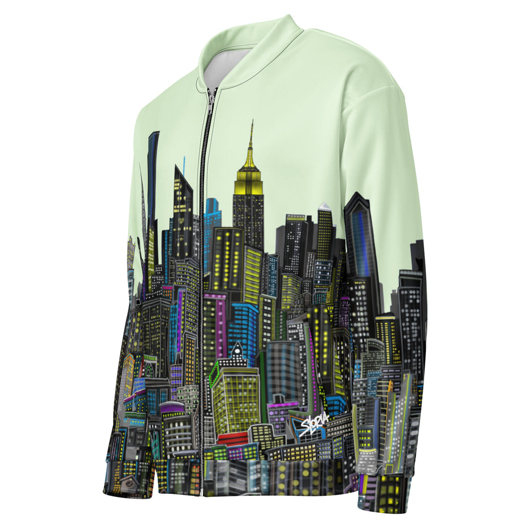 Side view of Light green hoodie with a cityscape designed by Loria NYC Art on a white background