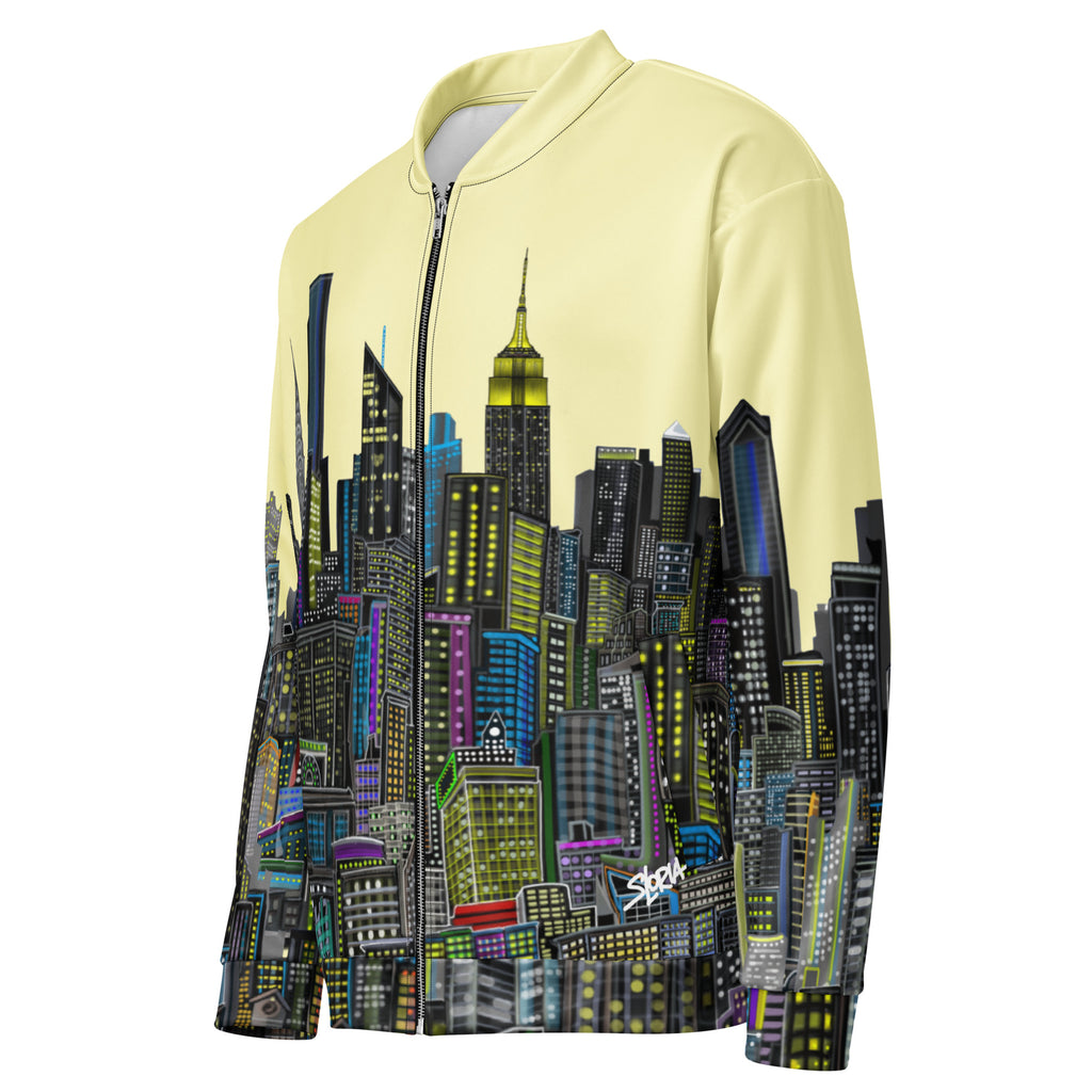 Side angle of bomber jacket with yellow colorful city skyline design by Loria NYC Art