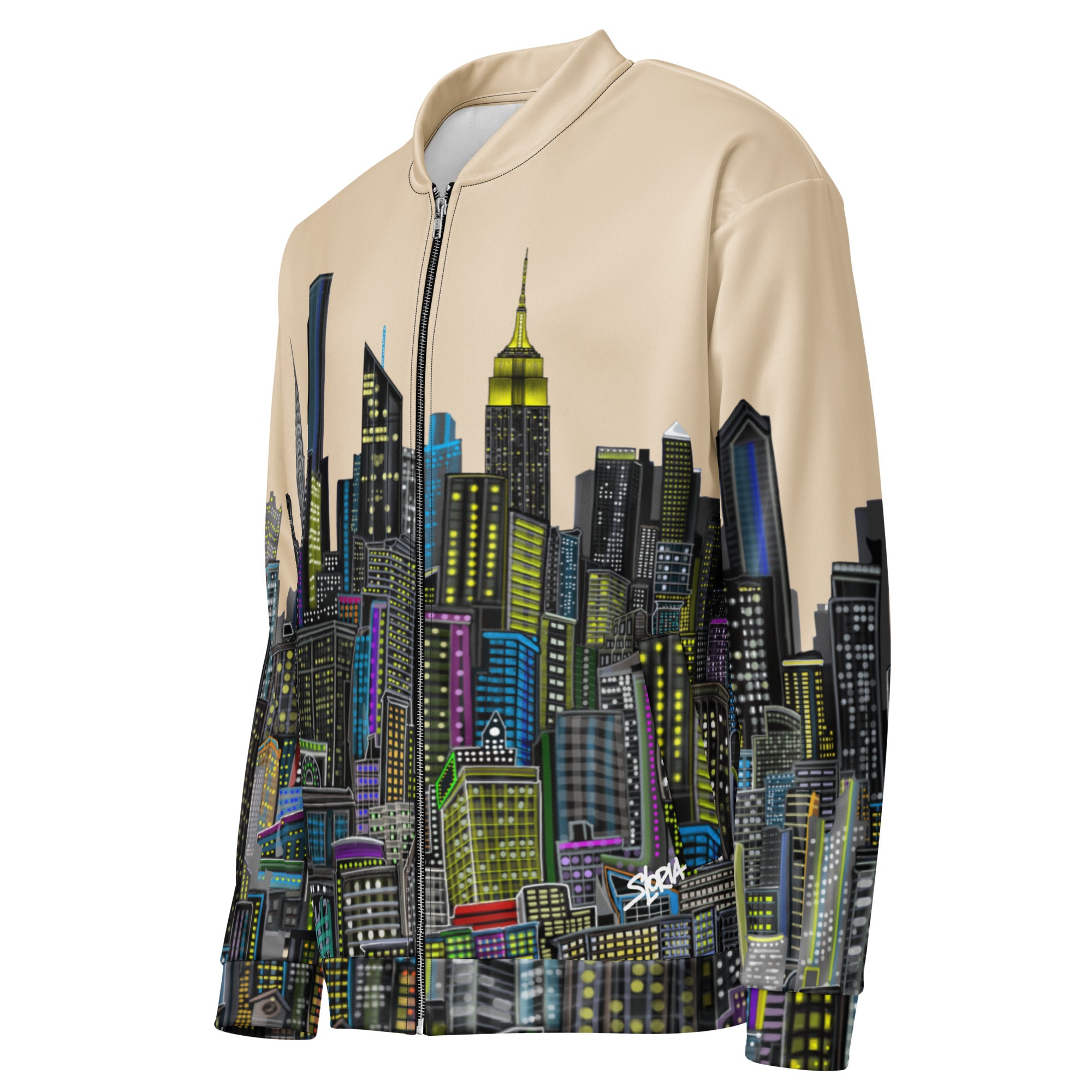 Side of beige jacket with a colorful cityscape Loria NYC Art design on a white background