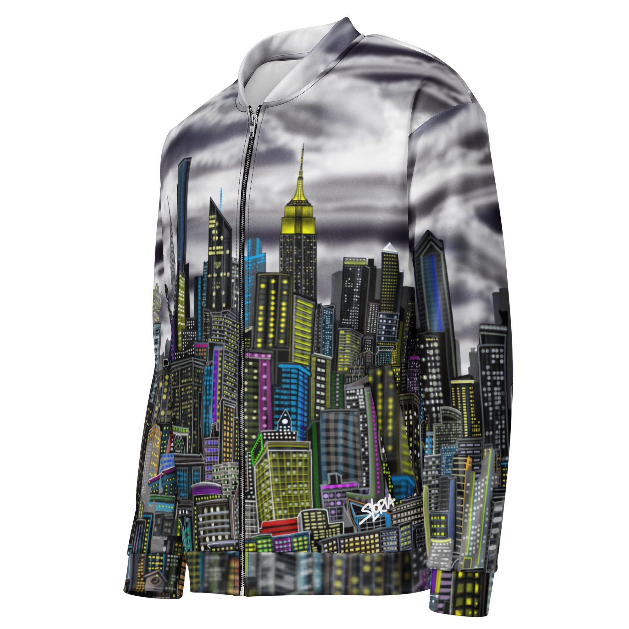 Side view of a City skyline with stormy clouds designed on a jacket by Loria NYC Art
