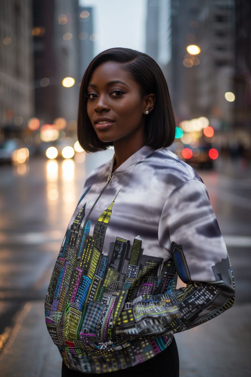 Woman wearing a jacket with cityscape design by Loria NYC Art on a blurred city street background