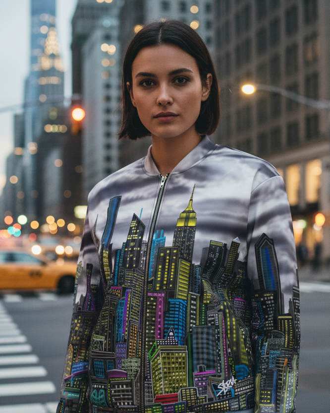 Woman wearing a colorful cityscape jacket designed by Loria NYC Art on a city street with taxis and buildings.