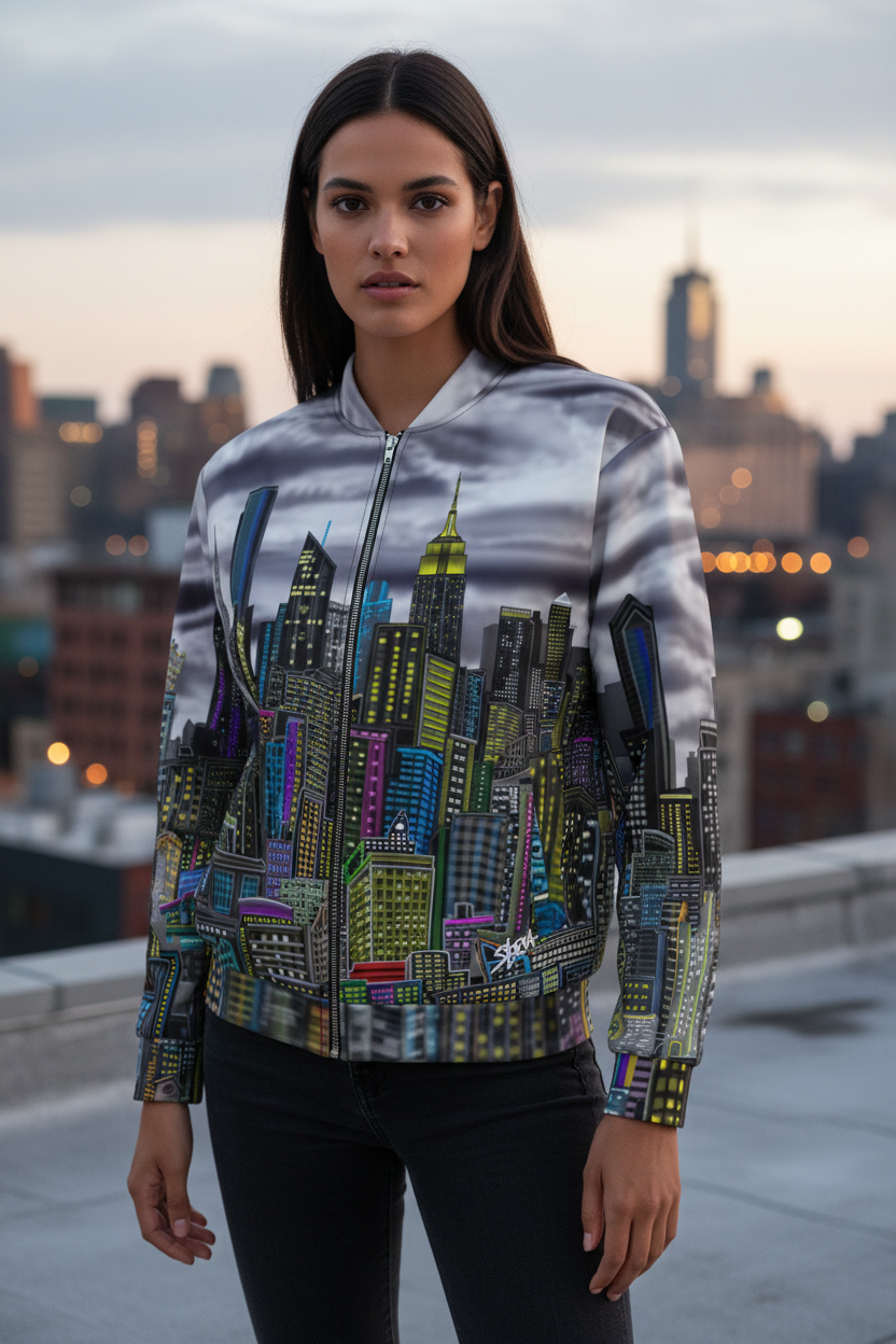 Woman wearing a colorful cityscape jacket with a city skyline by Loria NYC Art in the background