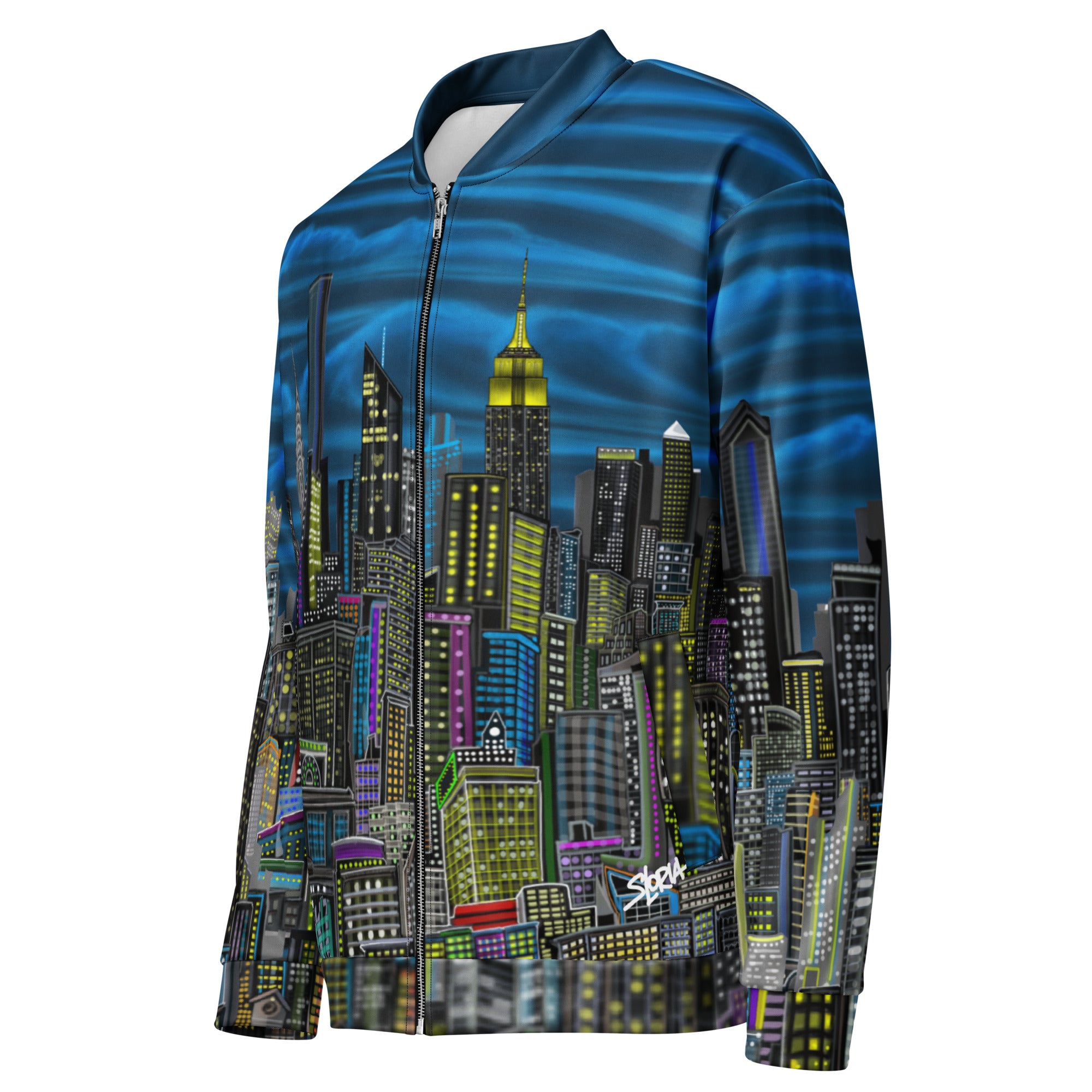 Loria NYC Art designer Jacket with cityscape design on a white background
