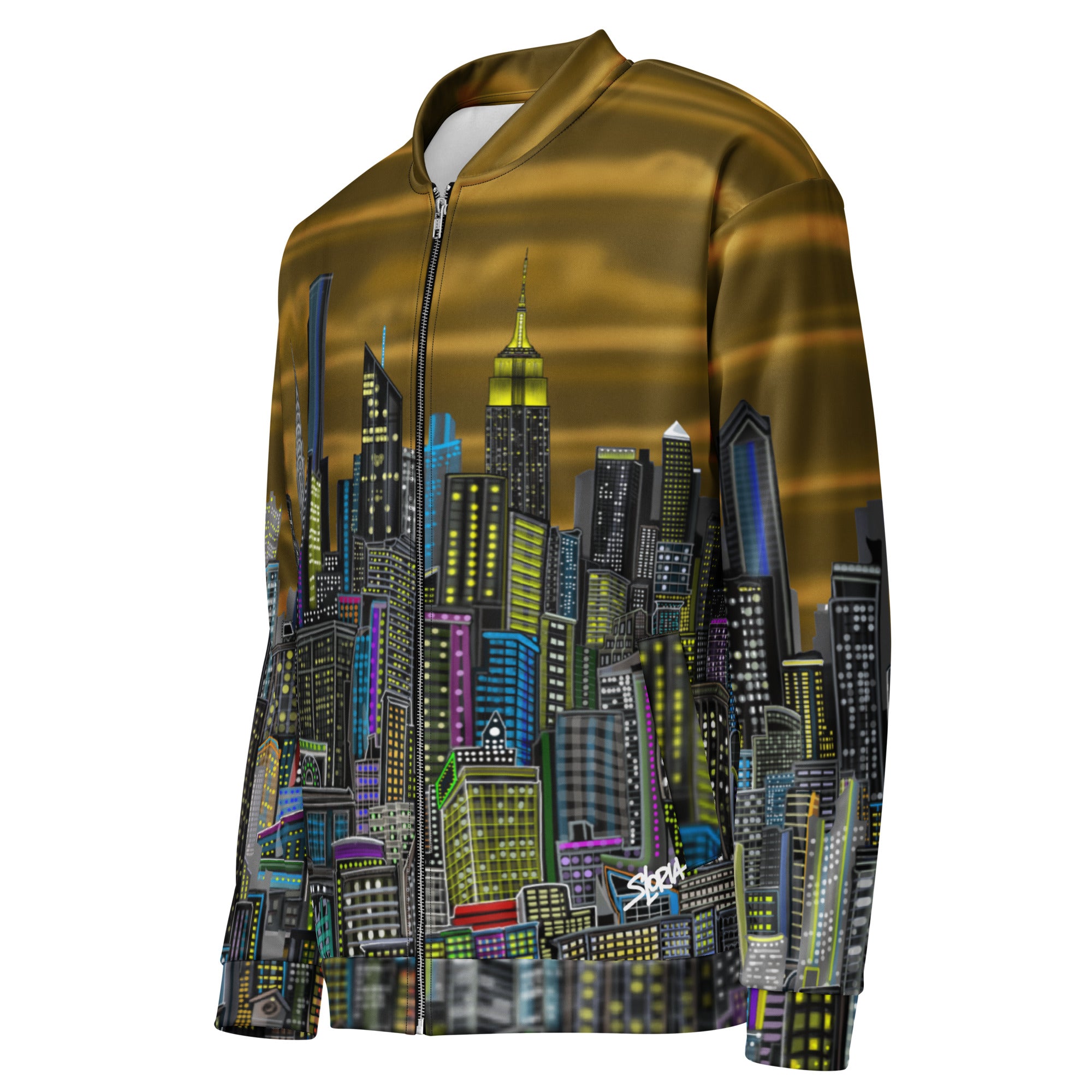 Brown Jacket with a cityscape designed by Loria NYC Art on a white background