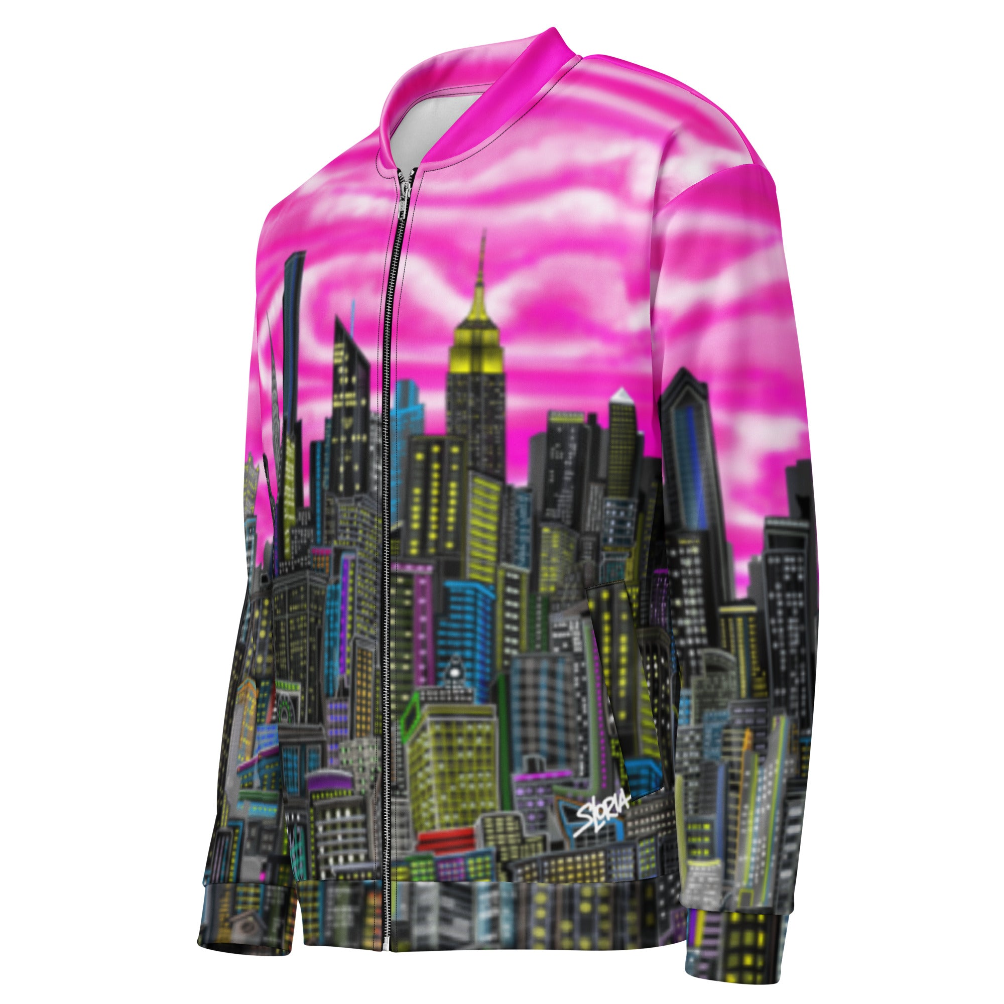 Jacket with cityscape design by Loria NYC Art with pink sky on a white background