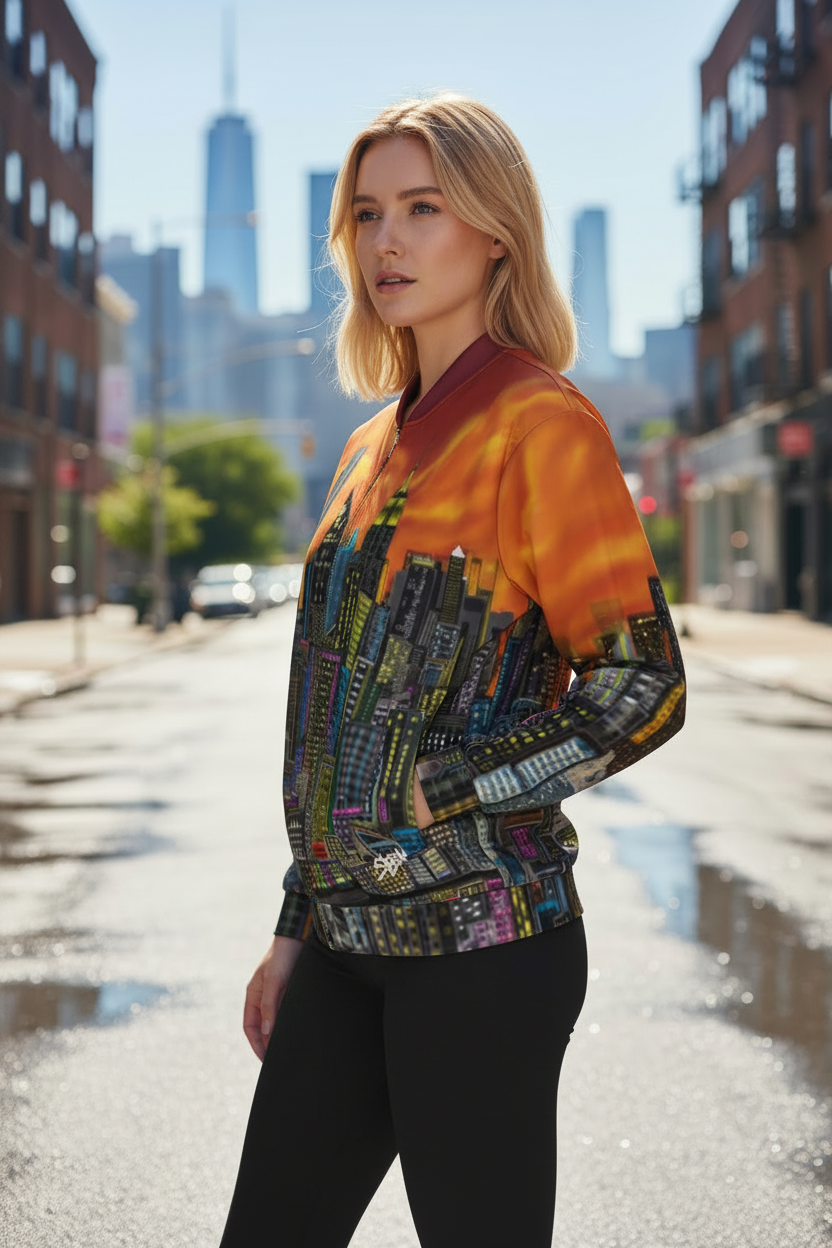 Woman wearing a colorful Loria NYC Art jacket with cityscape design on an urban street. 