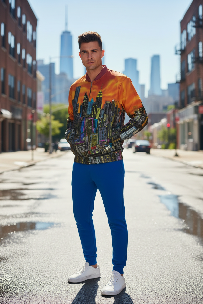 Man wearing a colorful Loria NYC Art jacket and blue pants standing on a city street.