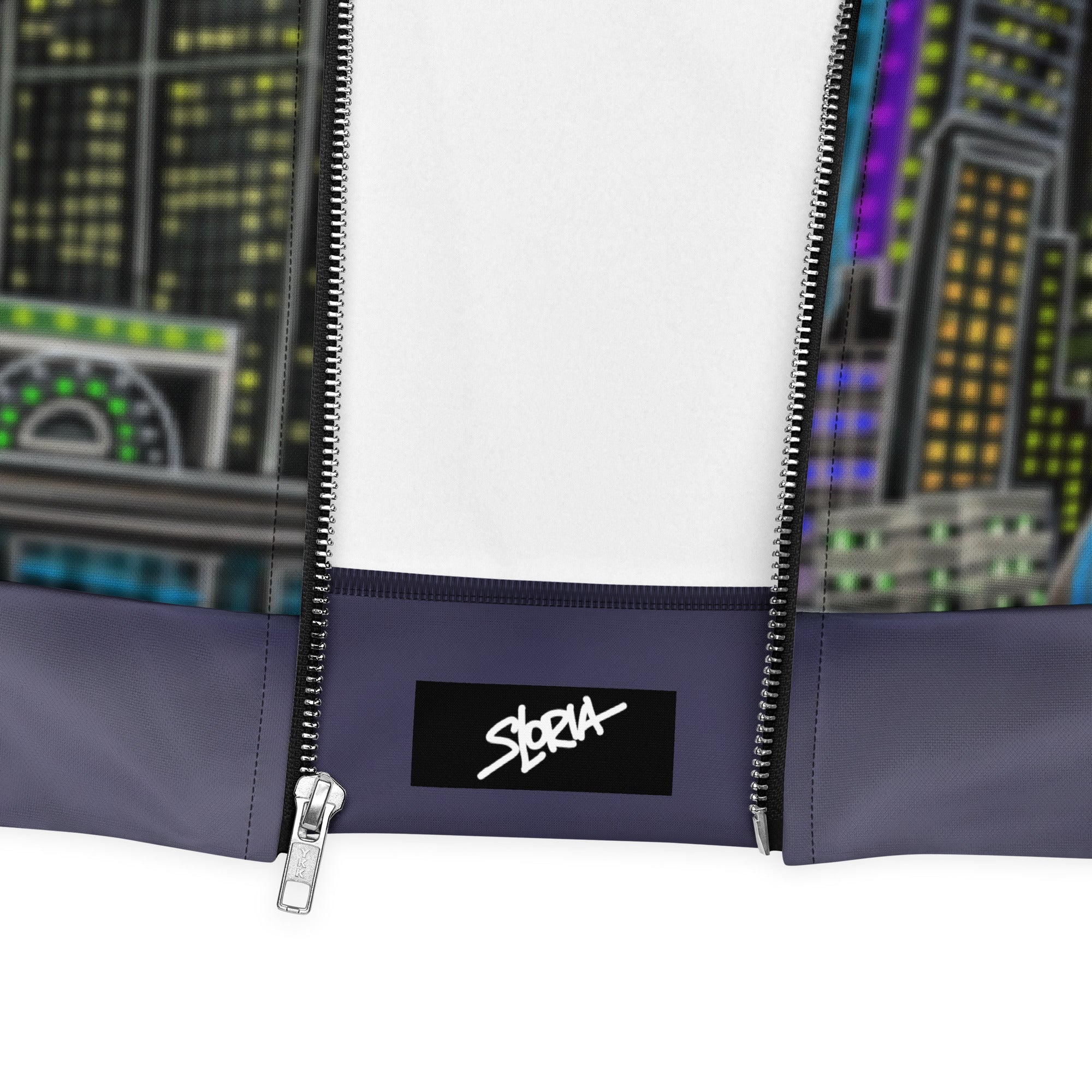 Close-up of a jacket with a NY cityscape design and a visible S.Loria brand logo.