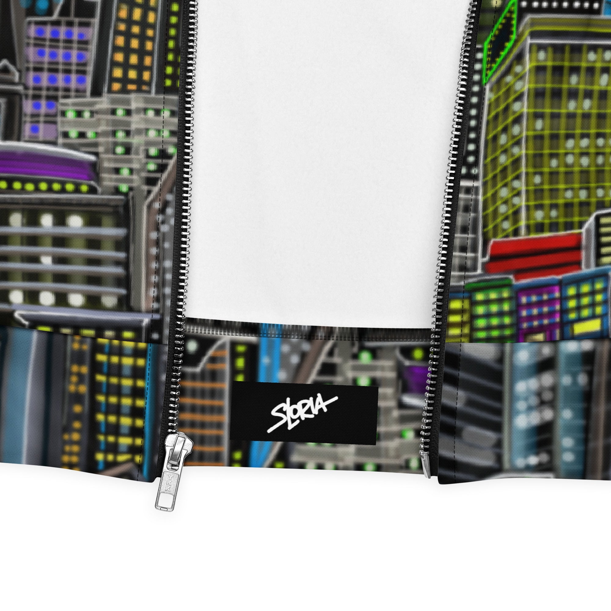 Pouch with cityscape design and S.Loria logo on a white background