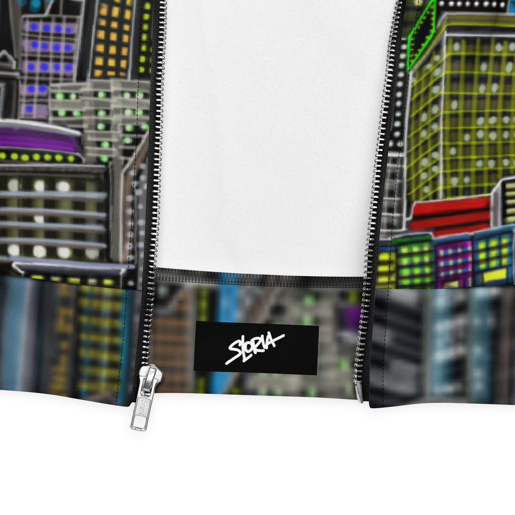 Pouch with cityscape design and visible brand S.Loria logo on a white background