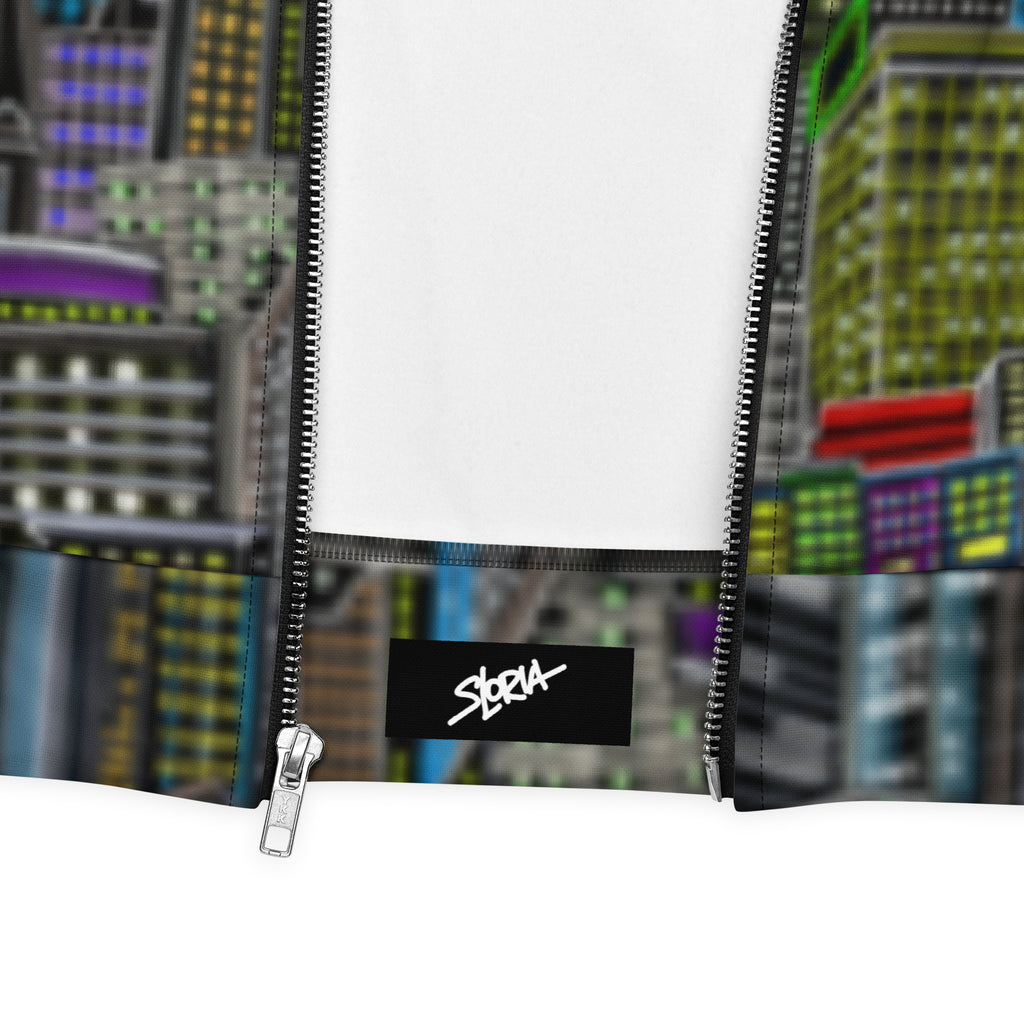 Pouch with cityscape design and visible brand logo on a white background