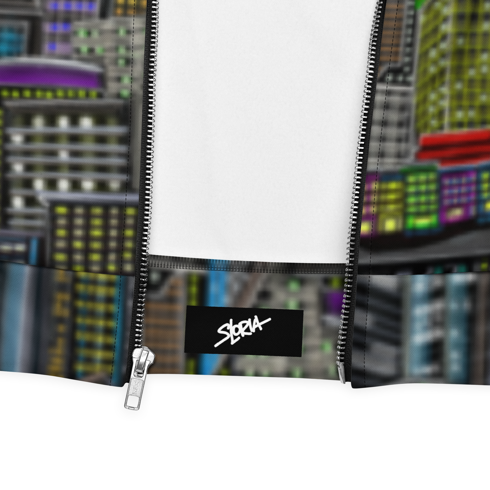 Cityscape design with a zipper and 'SLoria' brand logo on a white background