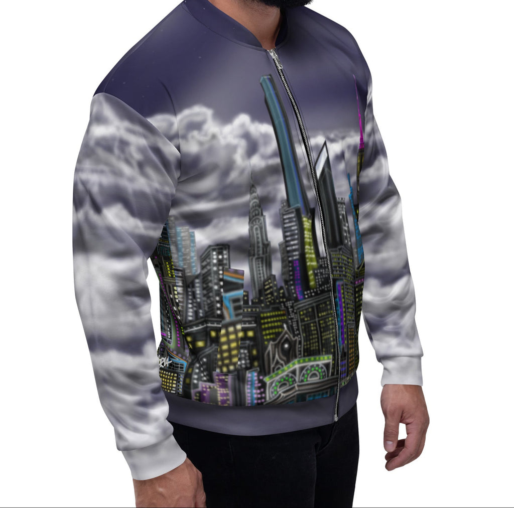 Man modeling a Bomber Jacket with the Bowery Notturno city skyline design by S.Loria NYC Art.