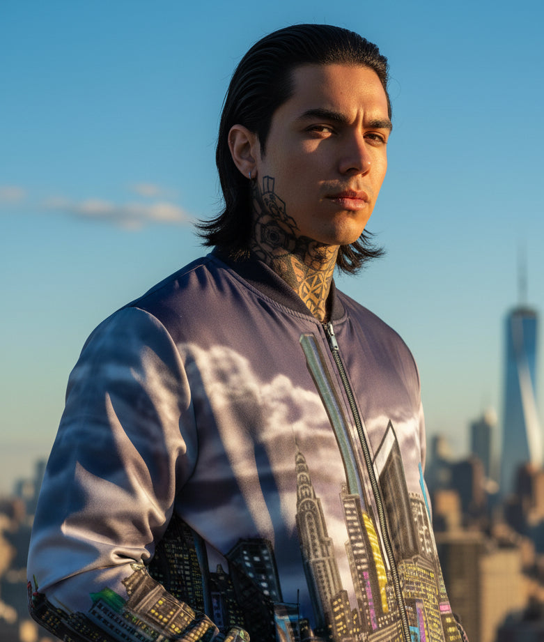 Man modeling a Bomber Jacket with artistic rendition of a cloudy night NYC skyline design by S.Loria NYC 