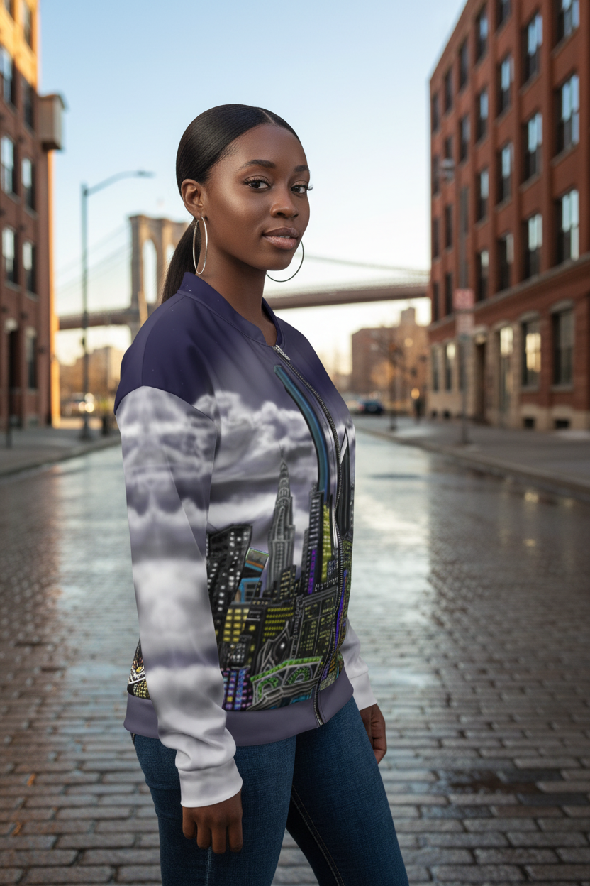 Women wearing a blue Bomber Jacket with the  Loria NYC Art skyline on an urban setting