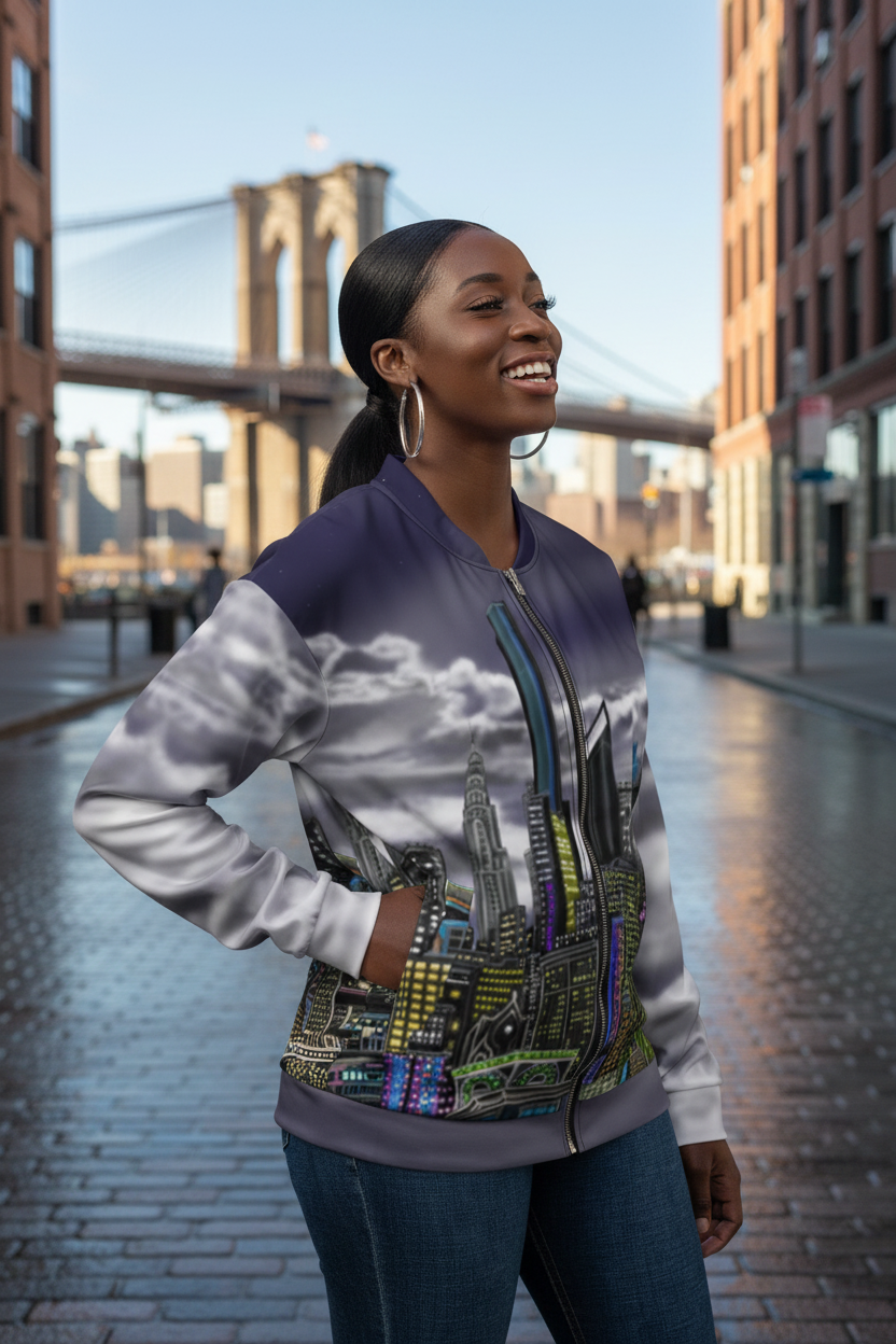 Woman wearing a jacket with a cityscape Loria NYC Art design in an urban setting