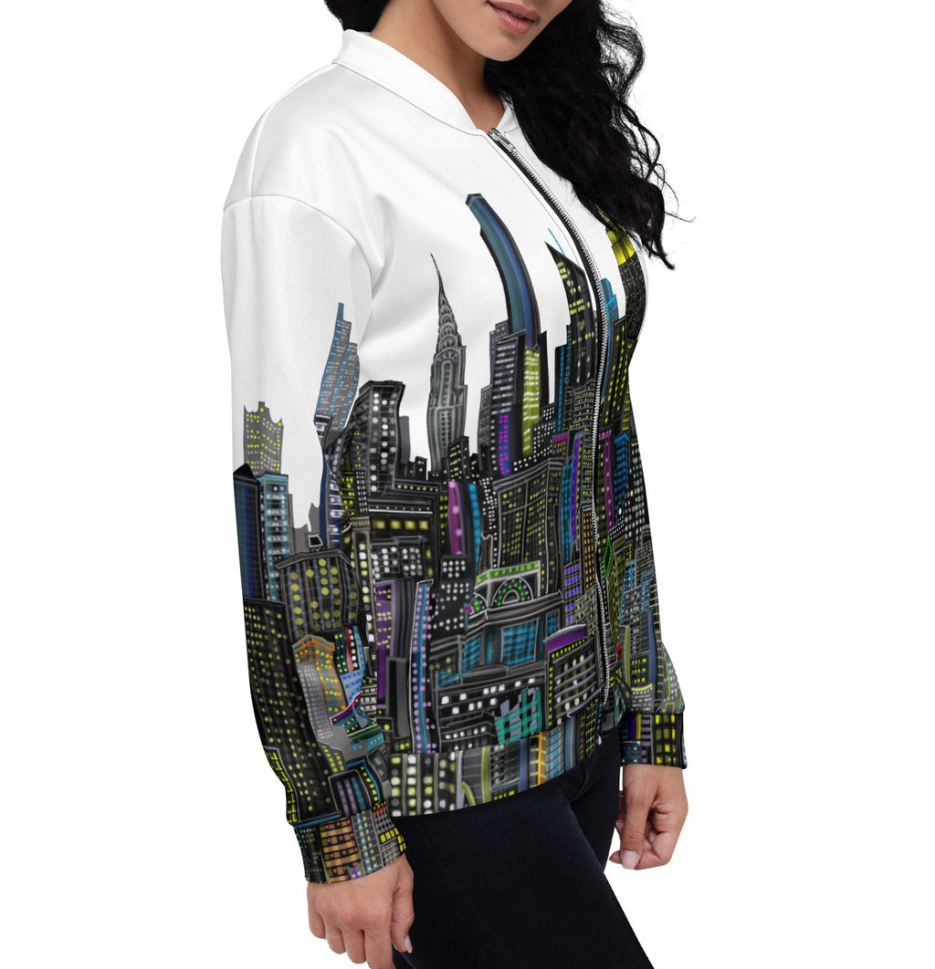 Side of Girl wearing a White bomber jacket with a colorful cityscape designed by Loria NYC Art 