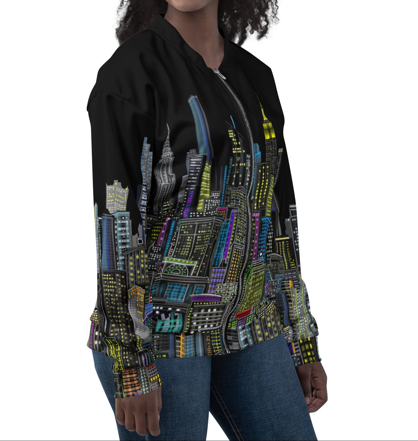 Female wearing  front side of Black bomber jacket with colorful cityscape design designed by Loria NYC Art 