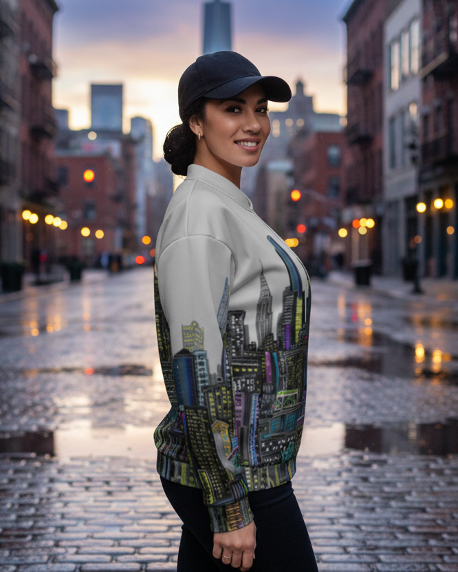Woman standing on a city street at dusk, wearing a Loria NYC Art  jacket and cap.