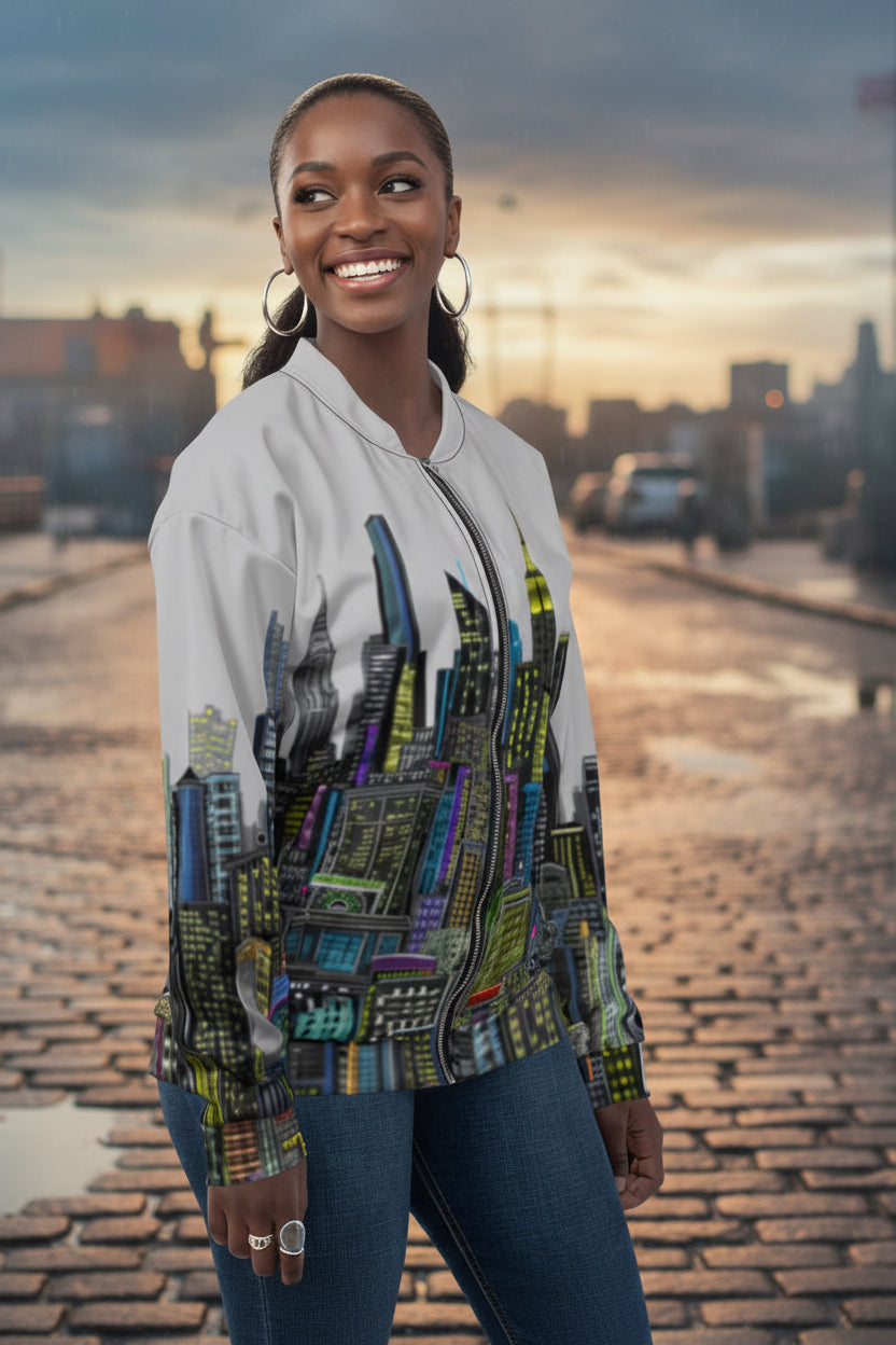 Side front view of Girl smiling and wearing a grey jacket with a cityscape designed by Loria NYC Art  