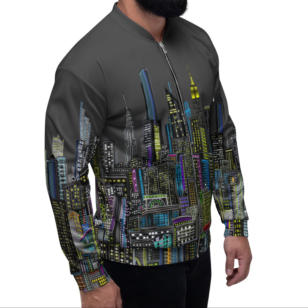 Man posing in a colorful cityscape jacket by Loria NYC Art on a rooftop background