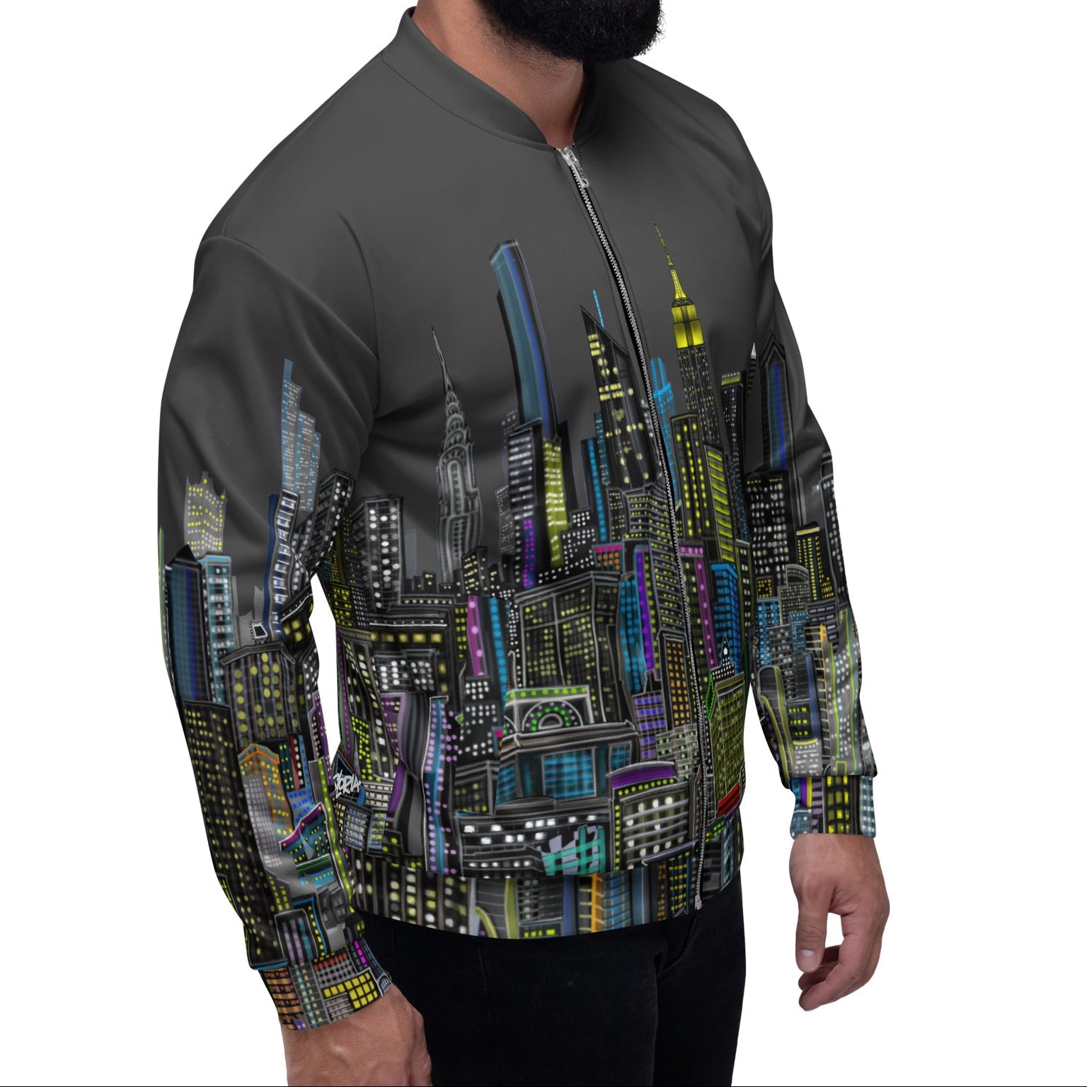 Man posing in a colorful cityscape jacket by Loria NYC Art on a rooftop background