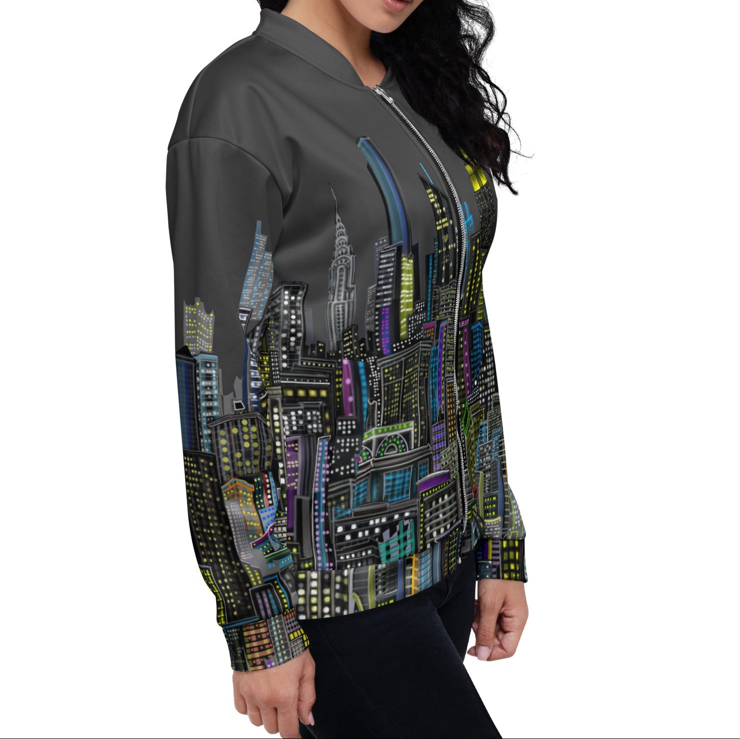 Posing side view of Woman wearing a colorful cityscape jacket by Loria NYC Art on a white background