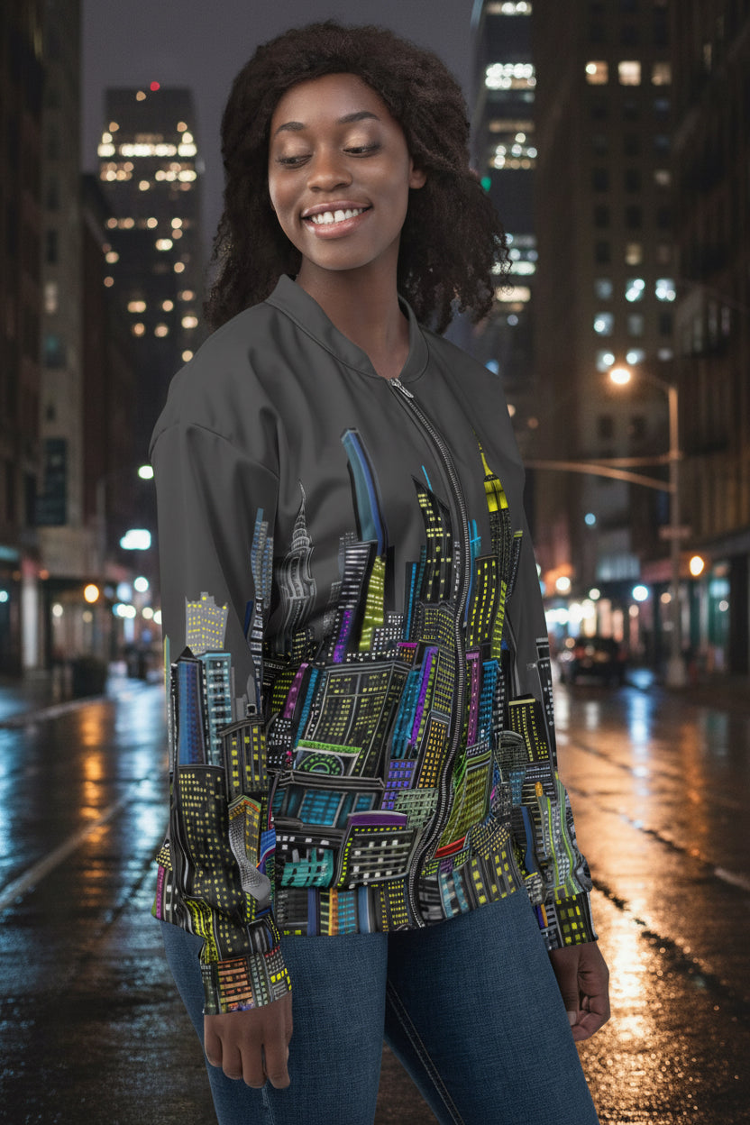 Front side of Woman wearing a colorful cityscape jacket by Loria NYC Art on a urban background