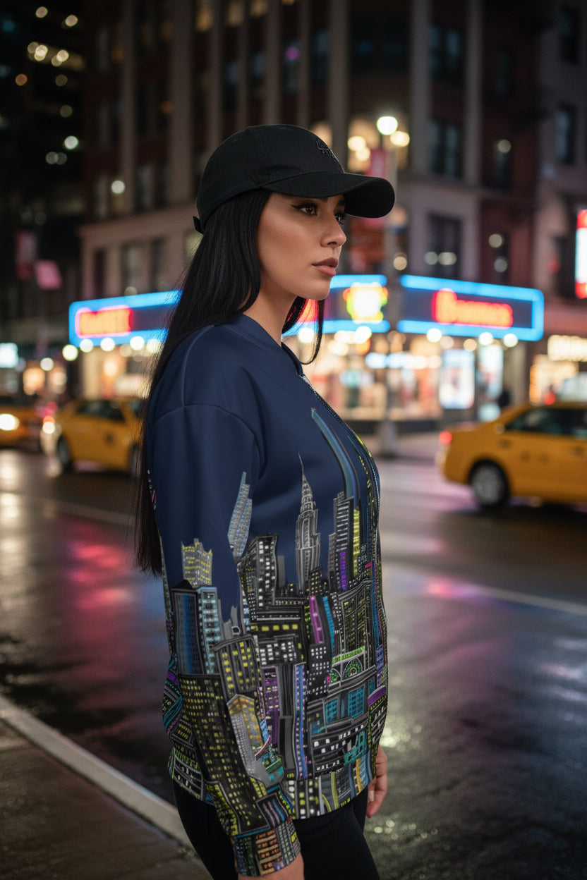 Woman wearing a blue bomber jacket with cityscape Loria NYC Art design on a urban background