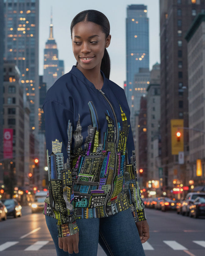 Woman wearing a colorful cityscape Loria NYC Art jacket on a white background