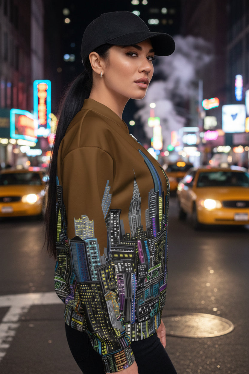 Side view of Woman wearing a brown bomber jacket with cityscape design by Loria NYC Art on a urban background