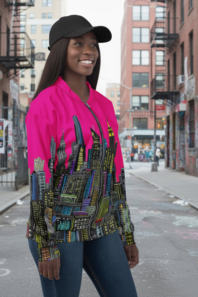 Side view modeling Lady wearing  jacket with Fuchsia color cityscape design by Loria NYC Art on a white background