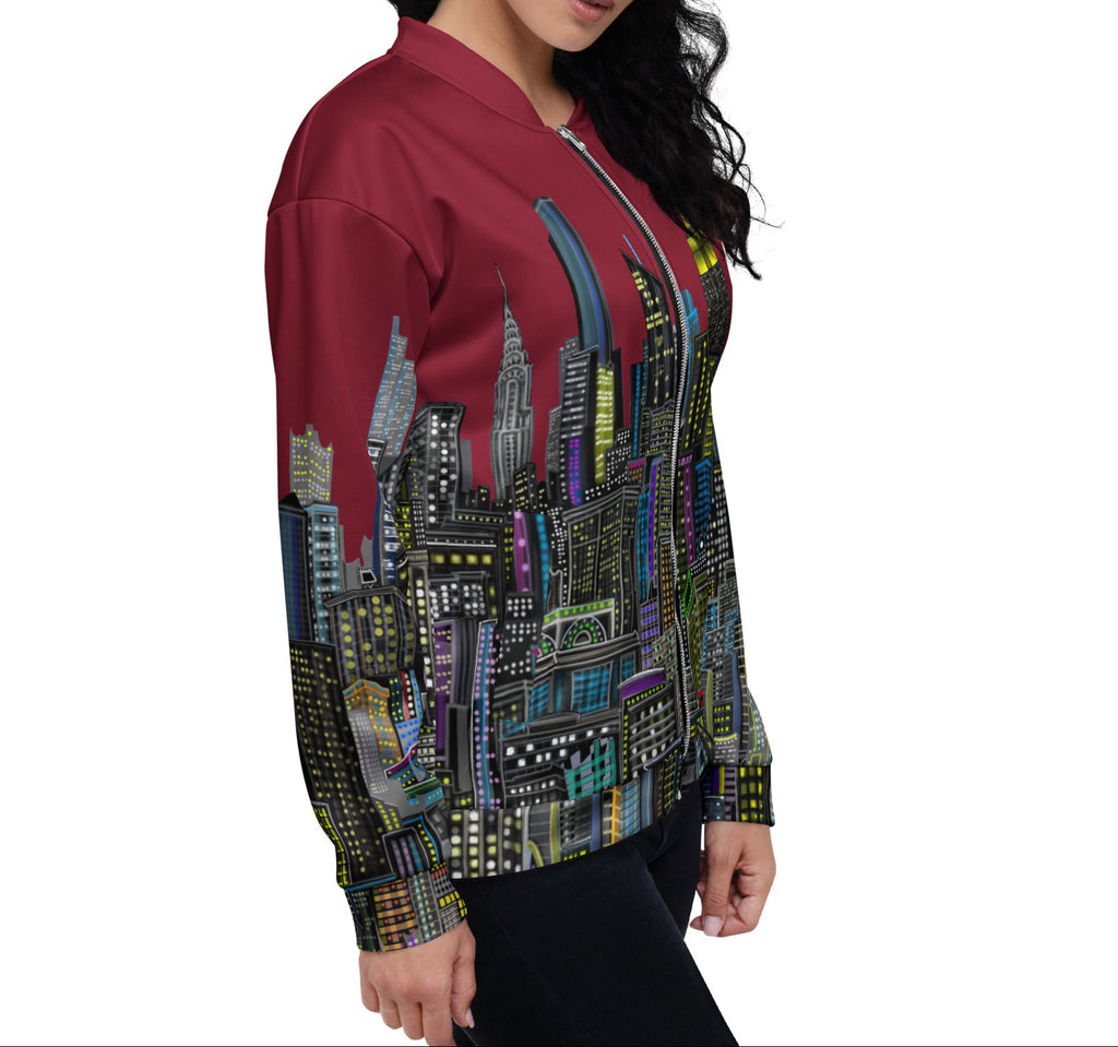 Posing in a maroon jacket with a colorful design by Loria NYC Art on a white background