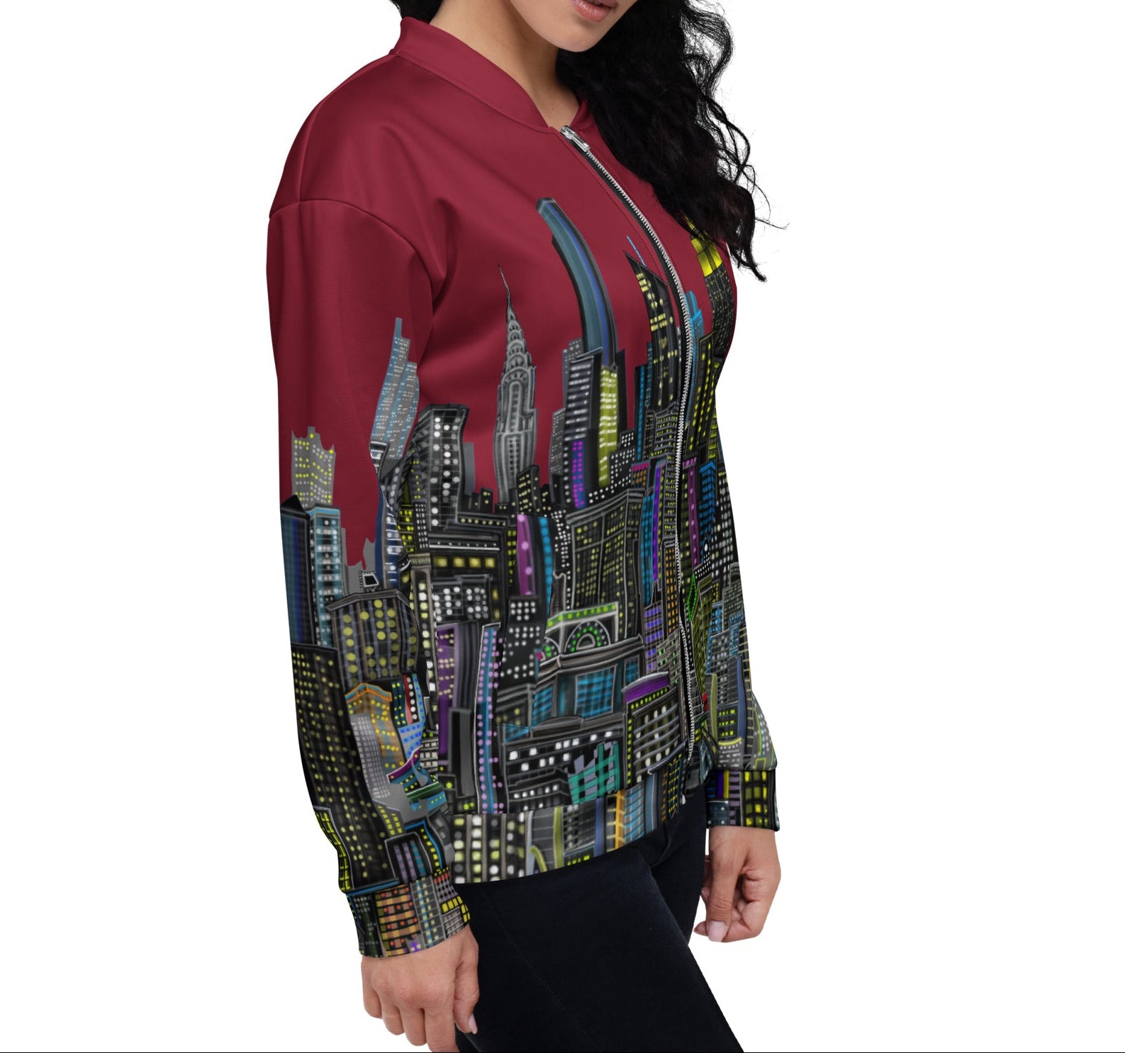 Posing in a maroon jacket with a colorful design by Loria NYC Art on a white background