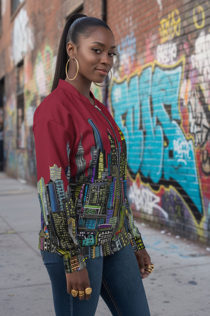 Woman wearing a colorful jacket with cityscape Loria NYC Art design in an urban setting with graffiti.