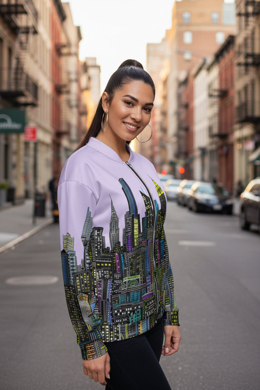 Lady modeling  a lavender jacket by Loria NYC Art with cityscape design on a urban background