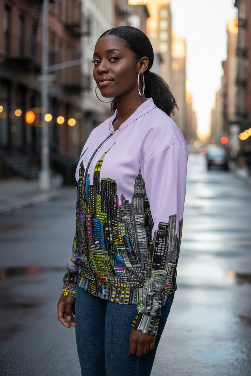 Side angle of Girl wearing a Light purple lavender jacket by Loria NYC Art with cityscape design on a urban background