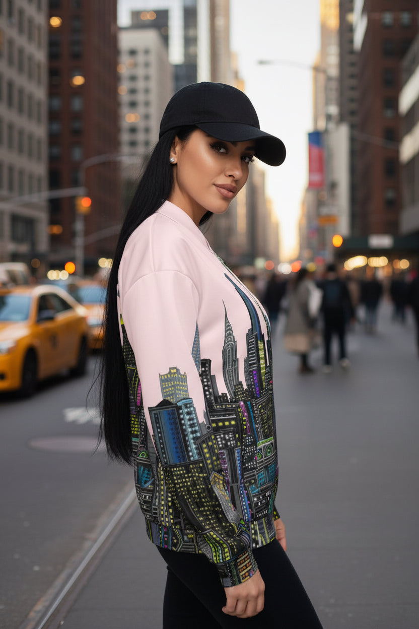 Side view of lady wearing a pink shirt with a cityscape design by Loria NYC Art on a urban background