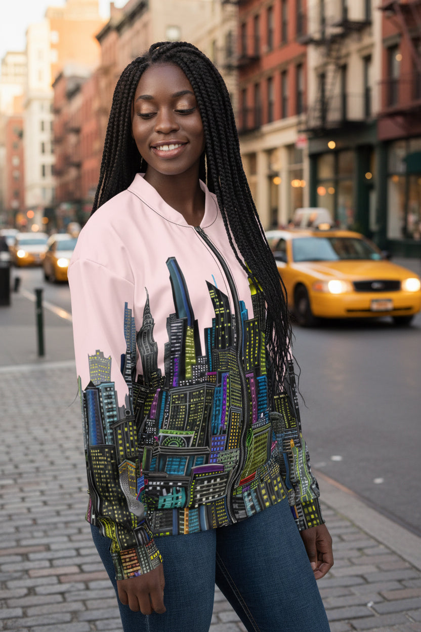 Woman wearing a bomber jacket with cityscape design by Loria NYC Art on a urban background