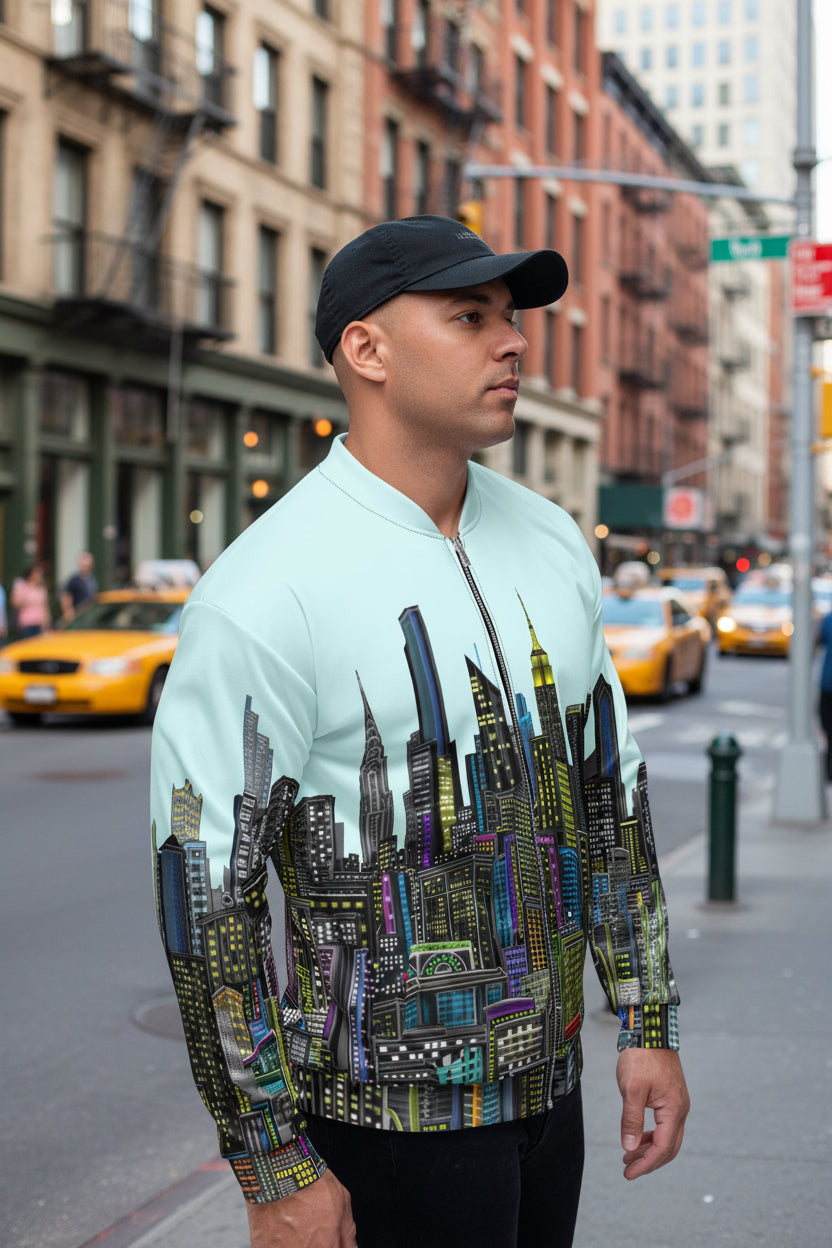 Man wearing a light blue bomber jacket with Loria NYC Art cityscape designed by Loria NYC Art on a urban background